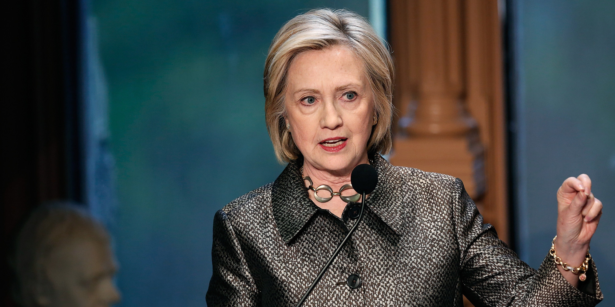 WASHINGTON, DC - APRIL 22:  Democratic presidential candidate and former U.S. Secretary of State Hillary Clinton delivers remarks at the Hillary Rodham Clinton Awards for Advancing Women in Peace and Security at Georgetown University April 22, 2015 in Washington, DC. The awards were given to former United Nations Envoy for Afghanistan Staffan de Mistura, and Dr. Miriam Coronel-Ferrer, who served as the Chief Negotiator of the Philippines Government in the Mindanao Peace Talks.  (Photo by Win McNamee/Getty Images)