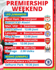 Ratiba ya mechi za leo na kesho EPL - Global Publishers