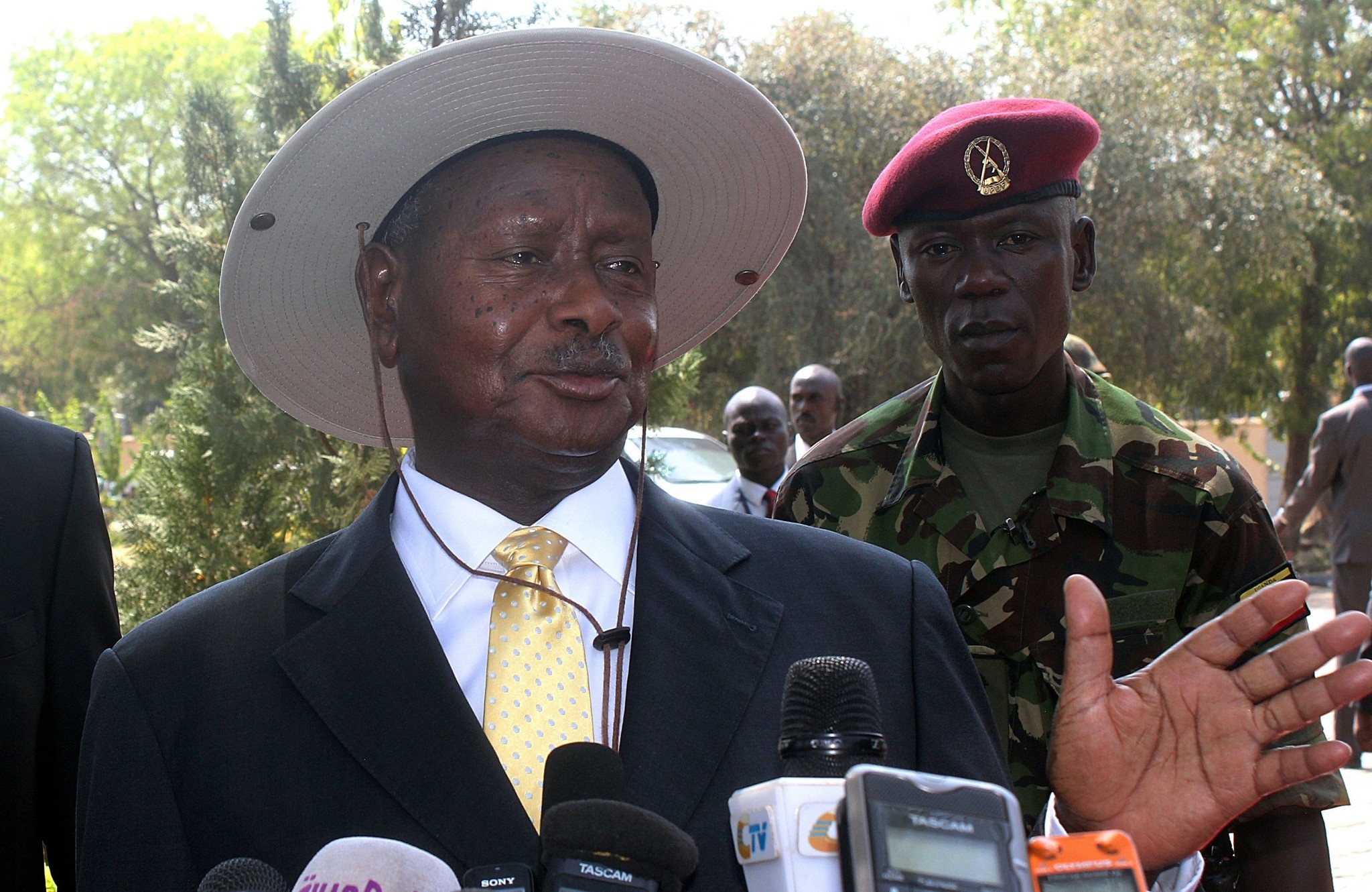 (FILES) This picture taken on December 30, 2013 shows Ugandan President Yoweri Museveni speaking to press in Juba, in South Sudan. Ugandan President Yoweri Museveni views gays as "sick" but does not believe they should be jailed or executed and will block a push by parliament to impose tough penalties, his spokesman said on January 17, 2014. "He does not approve of homosexuality but he believes that these people have a right to exist," presidential spokesman Tamale Mirudi told AFP. AFP PHOTO/WAAKHE SIMONWAAKHE SIMON/AFP/Getty Images ** OUTS - ELSENT, FPG, TCN - OUTS * NM, PH, VA if sourced by CT, LA or MoD **