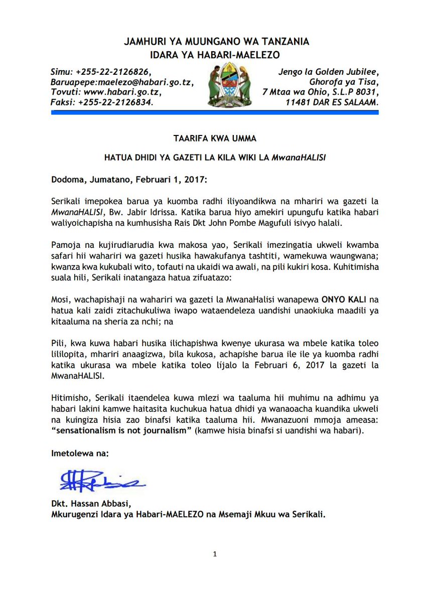 Serikali Imeamua Kuchukua Hatua Hizi Dhidhi ya Gazeti la MwanaHalisi - Global Publishers