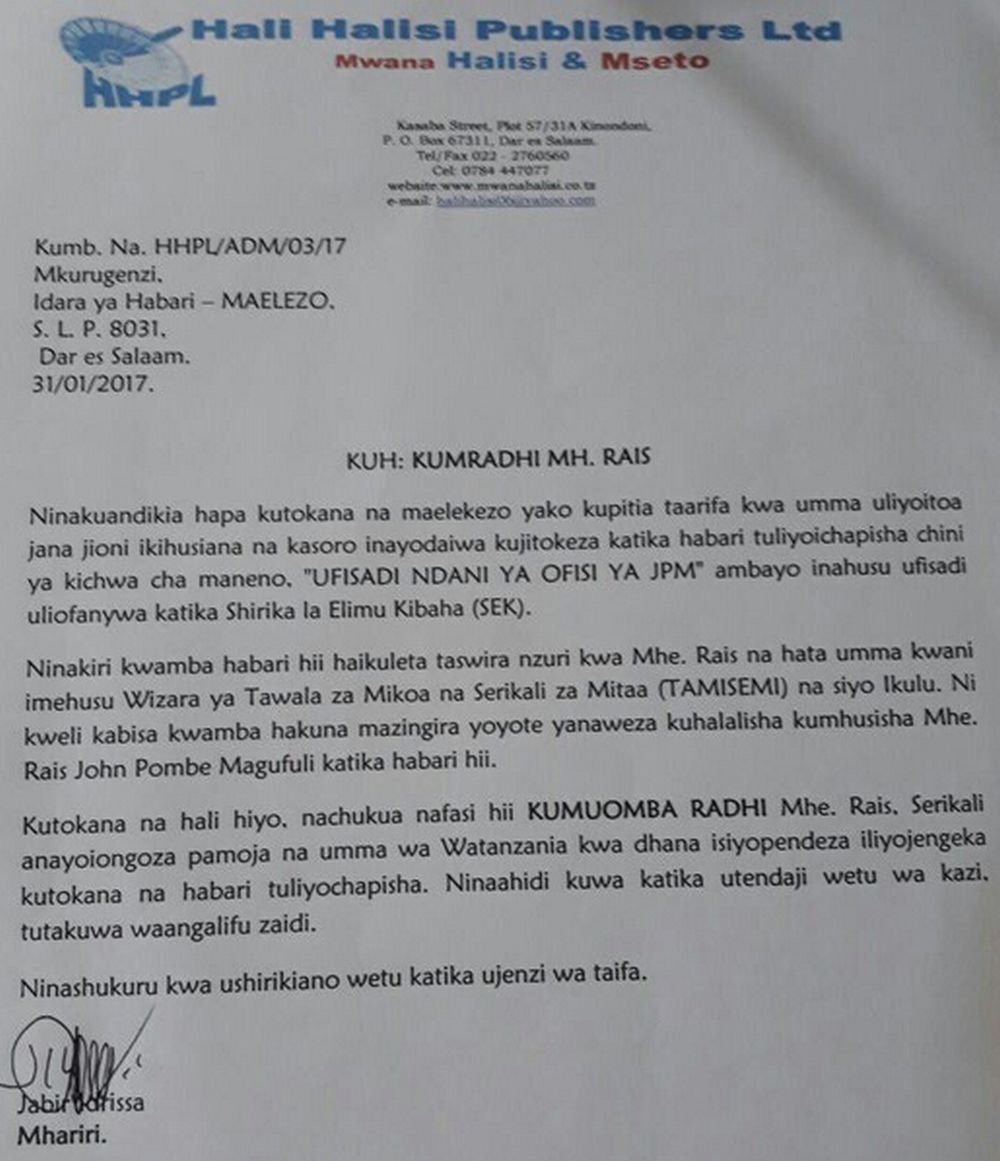 Gazeti la MwanaHalisi Lamuomba Radhi Rais Magufuli - Global Publishers