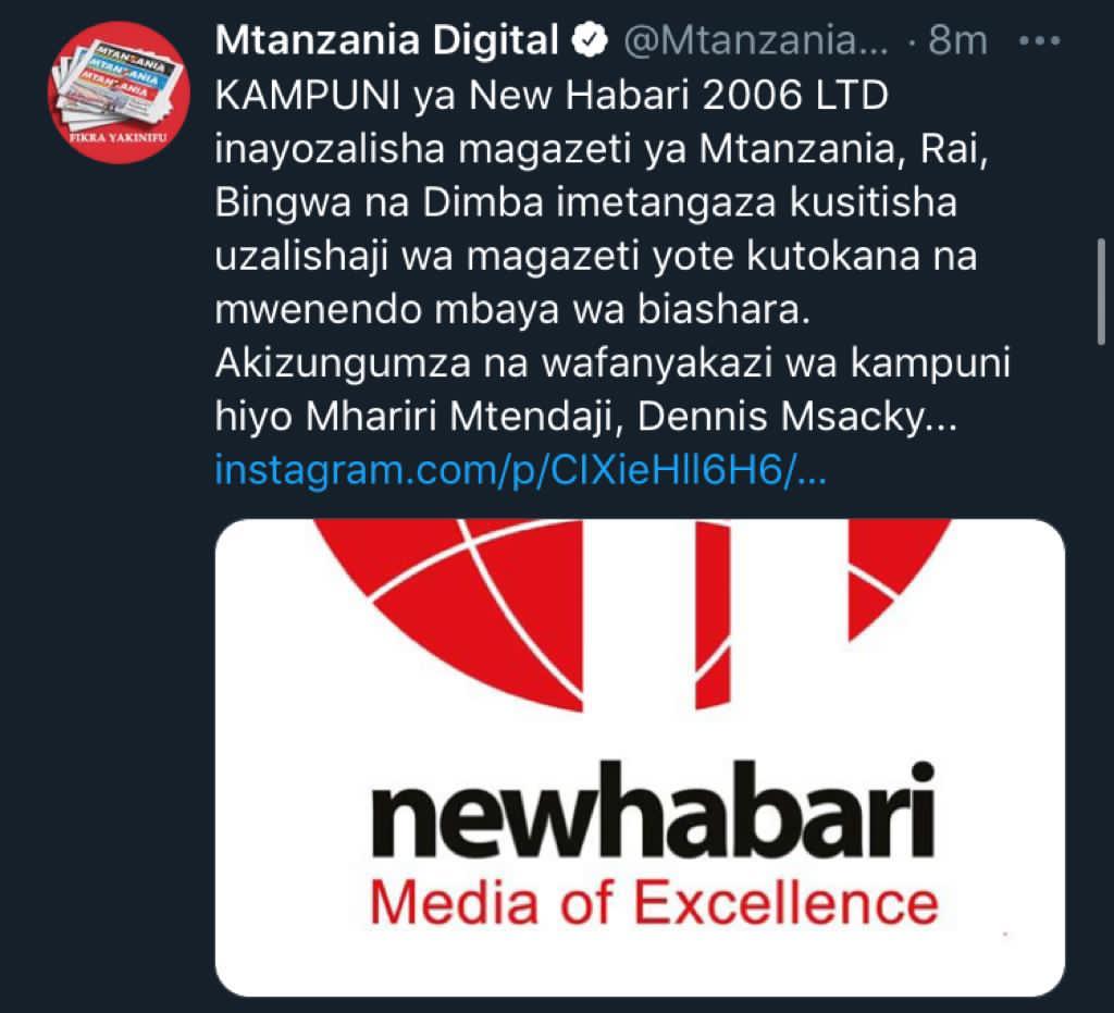 Kampuni ya New Habari Yasitisha Uzalishaji - Global Publishers