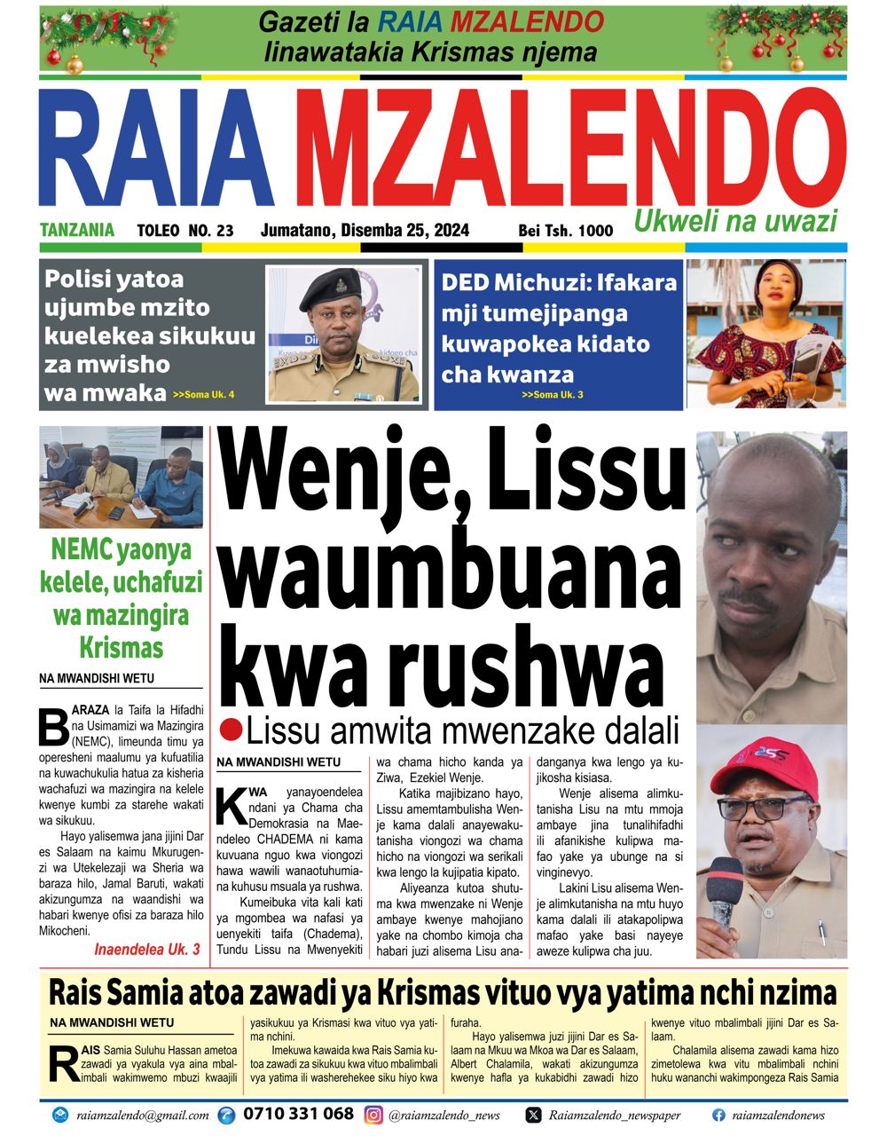 Habari kubwa za Magazeti ya Tanzania leo Desemba 25, 2024
